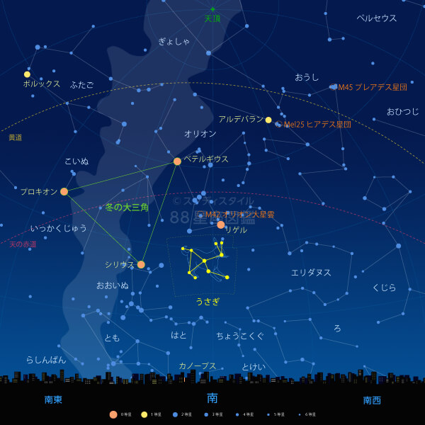 うさぎ座の見つけ方（東京の星空）